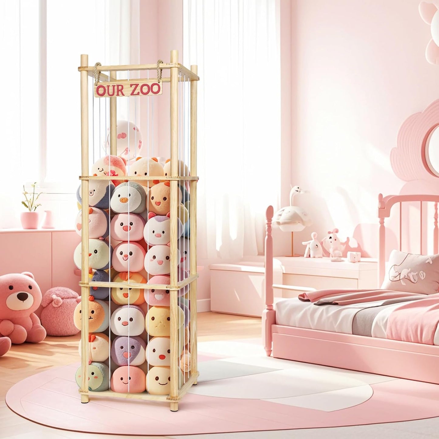 Stuffed Animal Storage - Tall Natural Pine Wood Toy Organizer with Elastic Cords & Shelf, Space-Saving Plushie Playhouse for Nursery, Playroom, Kids Bedroom - Easy Assembly