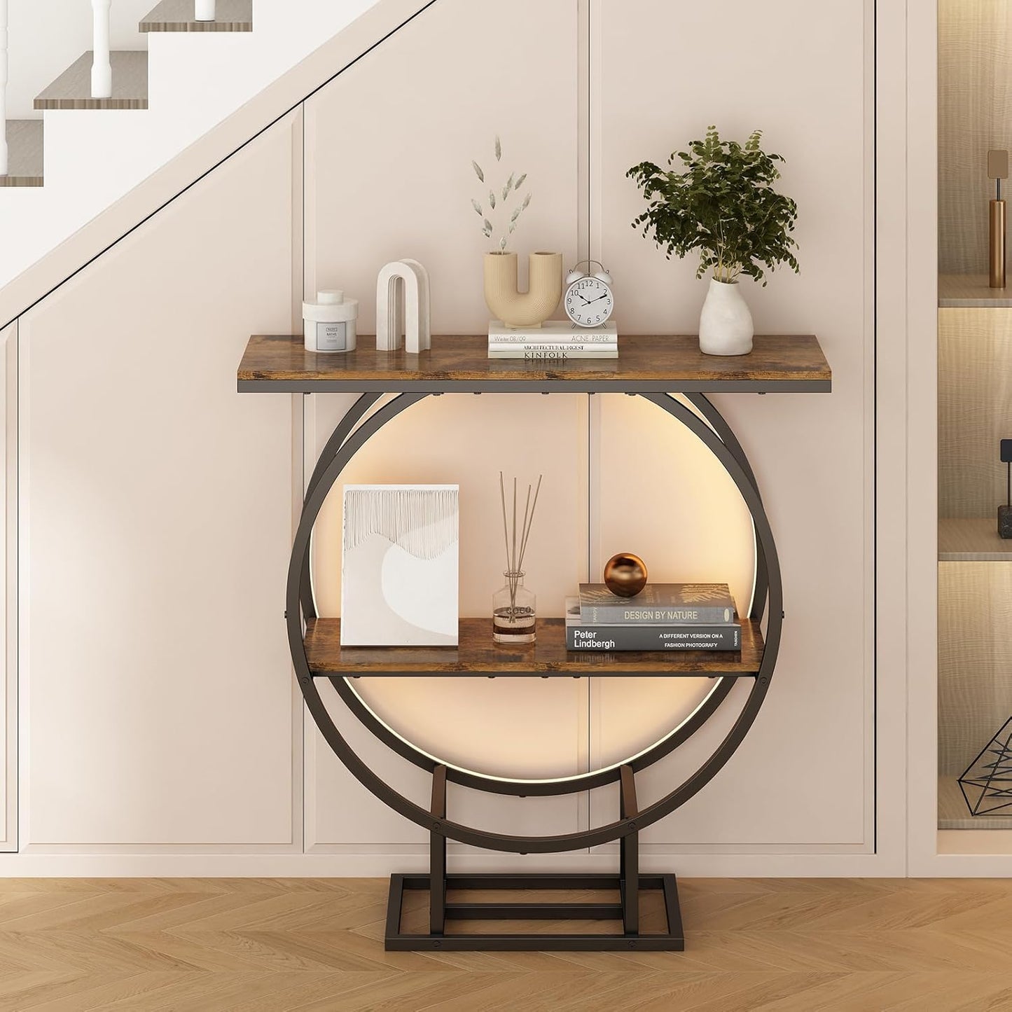 Console Tables, Entryway Table with Motion Sensor Light, 30" Height Behind Couch Sofa Table, Industrial Furniture, Hallway Table for Living Room, Entrance, O-Shaped Metal Frame, Rustic Brown