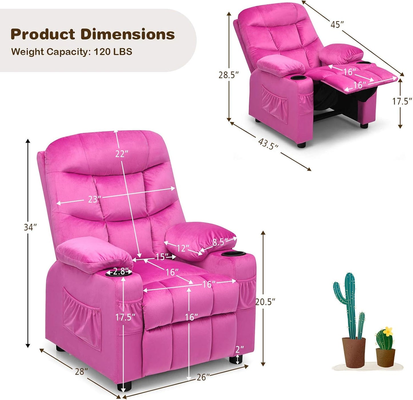 Costzon Kids Velvet Recliner Chair with Cup Holder, Footrest & Side Pockets for Children Boys Girls Baby Bedroom, Adjustable, Ergonomic Toddler Furniture Sofa Gifts (Rose)
