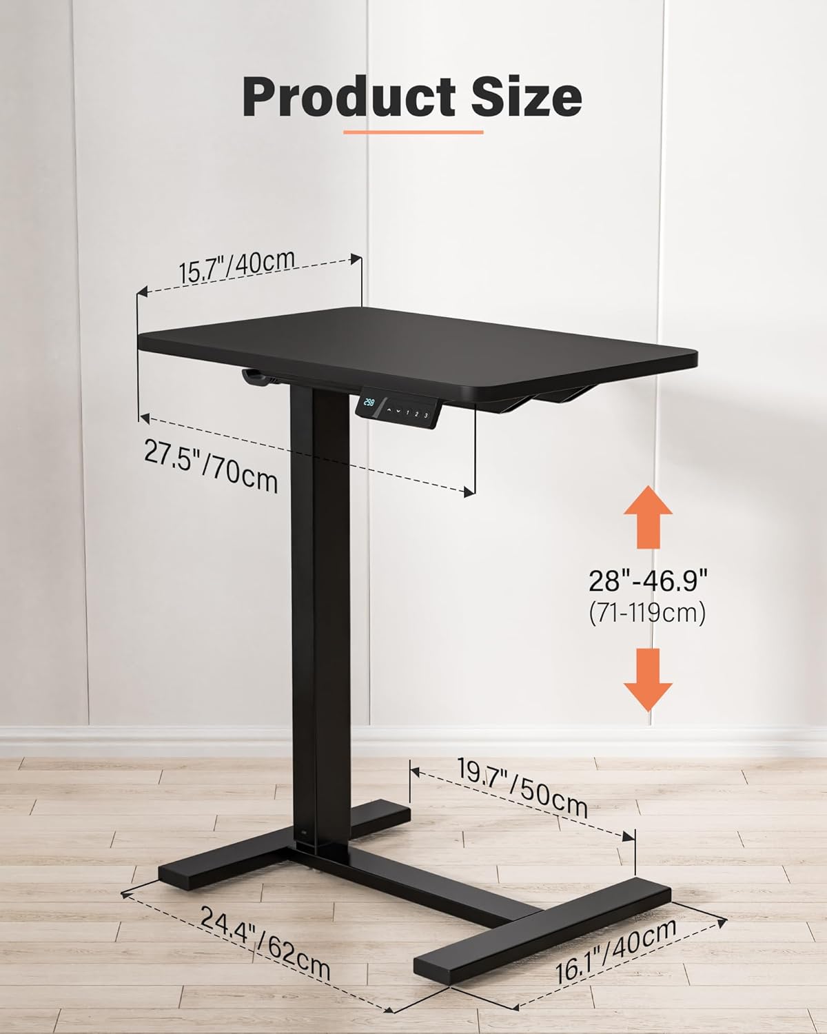 Small Mobile Standing Desk with Wheels, Electric Height Adjustable Portable Rolling Computer Cart, Movable Sit Stand Laptop Table for Sofa, Bedside, Home Office Workstation (27.6", Black)