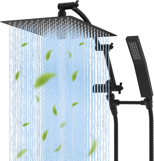 Hibbent All Metal 12'' Rainfall Shower Head, Dual Shower Head Combo, High Pressure Handheld Shower Wand, 16'' Adjustable Arc-shaped Shower Extension Arm, 71'' Hose, Showerhead Holder, Matte Black