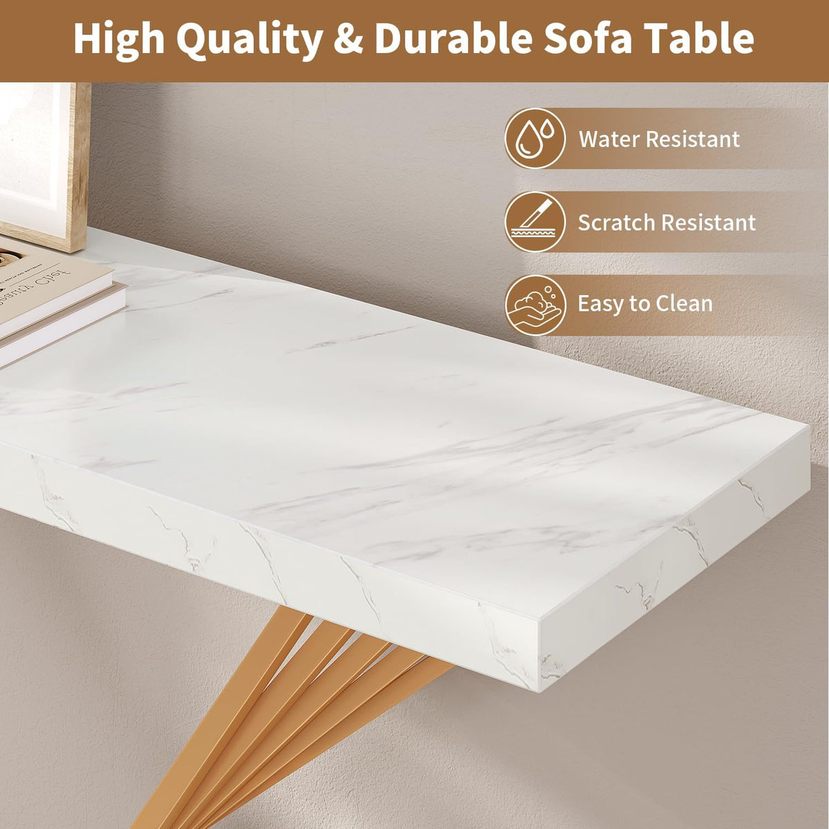 39.4 Inch Gold Console Table, White Faux Marble Modern Entryway Table Sofa Tables Behind The Couch for Entrance Hallway Living Room, X-Shape