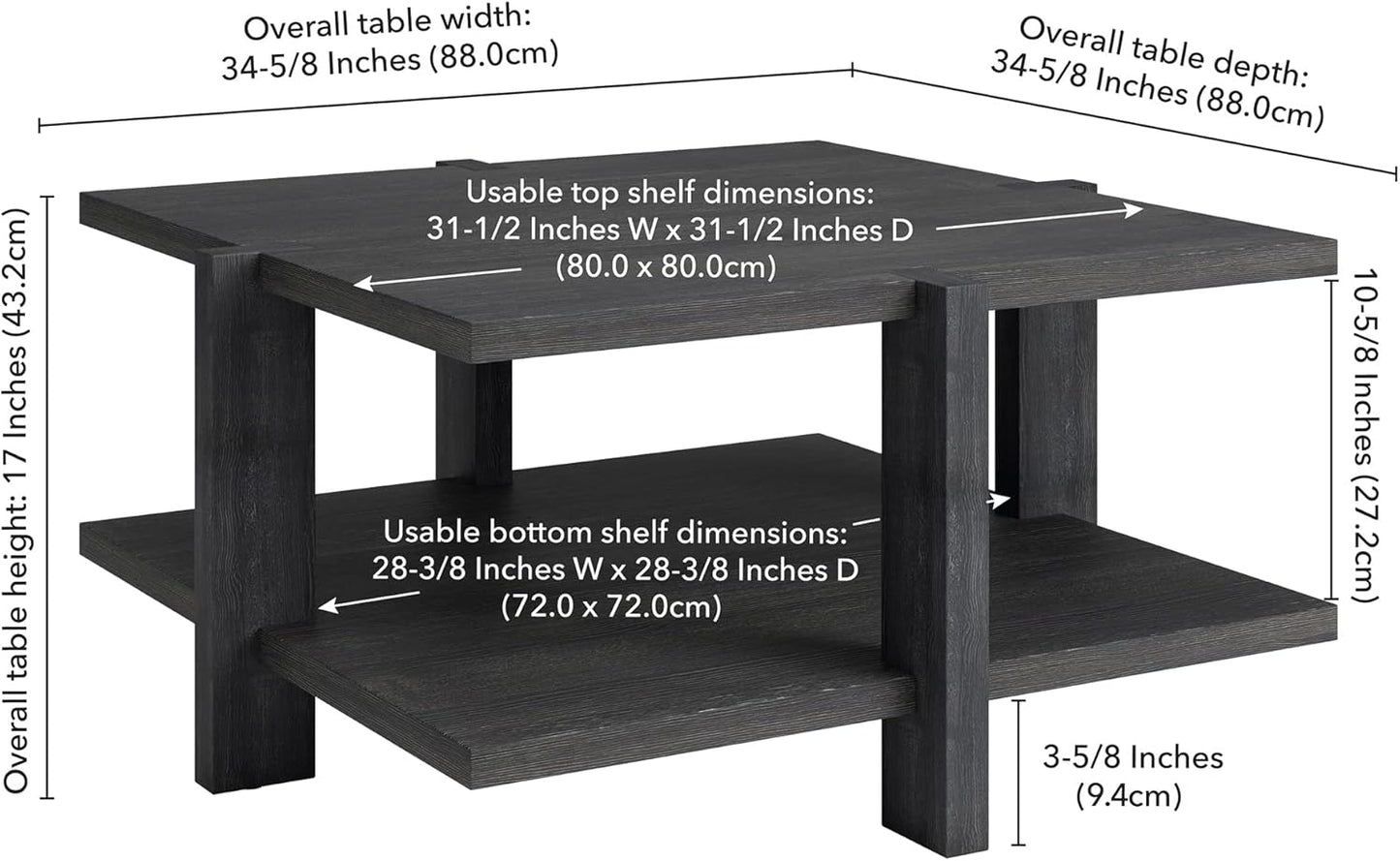 Henn&Hart 35" Wide Square Coffee Table in Charcoal Gray, for Home, Living Room, Bedroom, Entertainment Room, Office