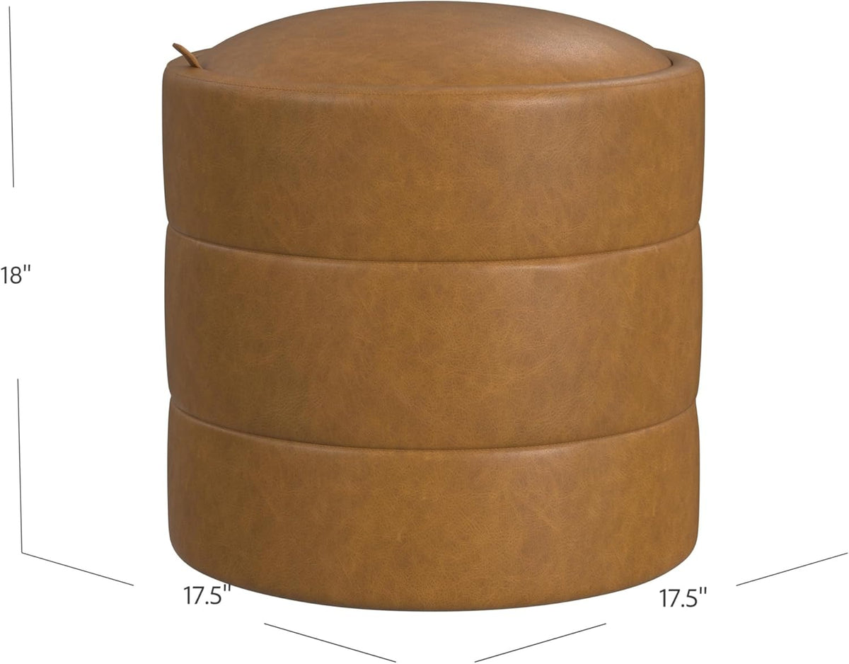 HomePop Storage Round Ottoman with Removable Lid Home Décor|Upholstered Round Velvet Foot Rest Ottoman - Carmel Faux Leather