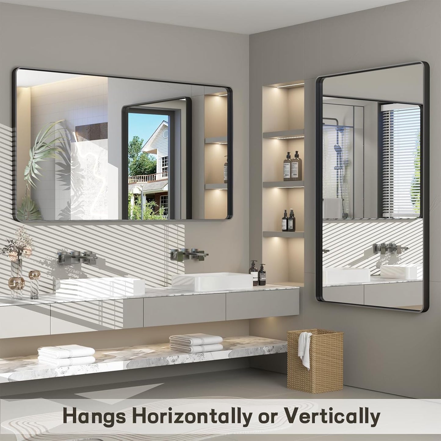 48x36 Inch Black Framed Bathroom Mirror for Wall, Matte Black Metal Wall Mirror, Black Rectangle Vanity Mirror, Tempered Glass, Anti-Rust, Hangs Vertically or Horizontally