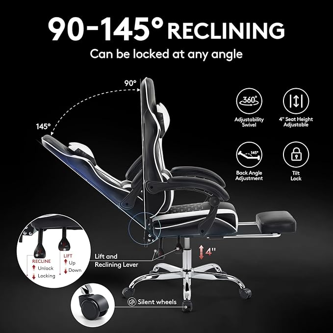 Gaming Chair,Computer Office Chair with Footrest,Massage Lumbar Support and Gel Pad,Ergonomic Reclining Adjustable Leather Gamer Chair with Headrest and Spring Cushion Black White