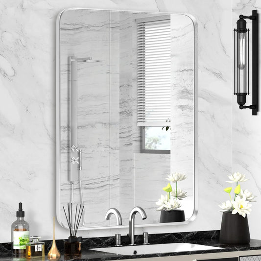 Silver Framed Bathroom Mirror, Brushed Nickel Rounded Corner Rectangle Wall Mirror, Tempered Glass, Shatter Proof, Anti-Rust, Hangs Horizontally or Vertically (24" x 32", Silver)