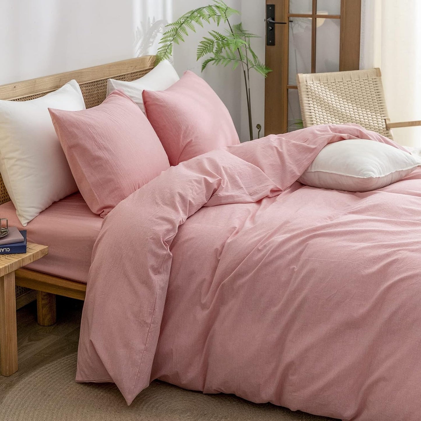 BESTOUCH Duvet Cover Set 100% Washed Cotton Linen Feel Super Soft Comfortable Chic Lightweight 3 PCs Home Bedding Set Solid Red Pink Queen