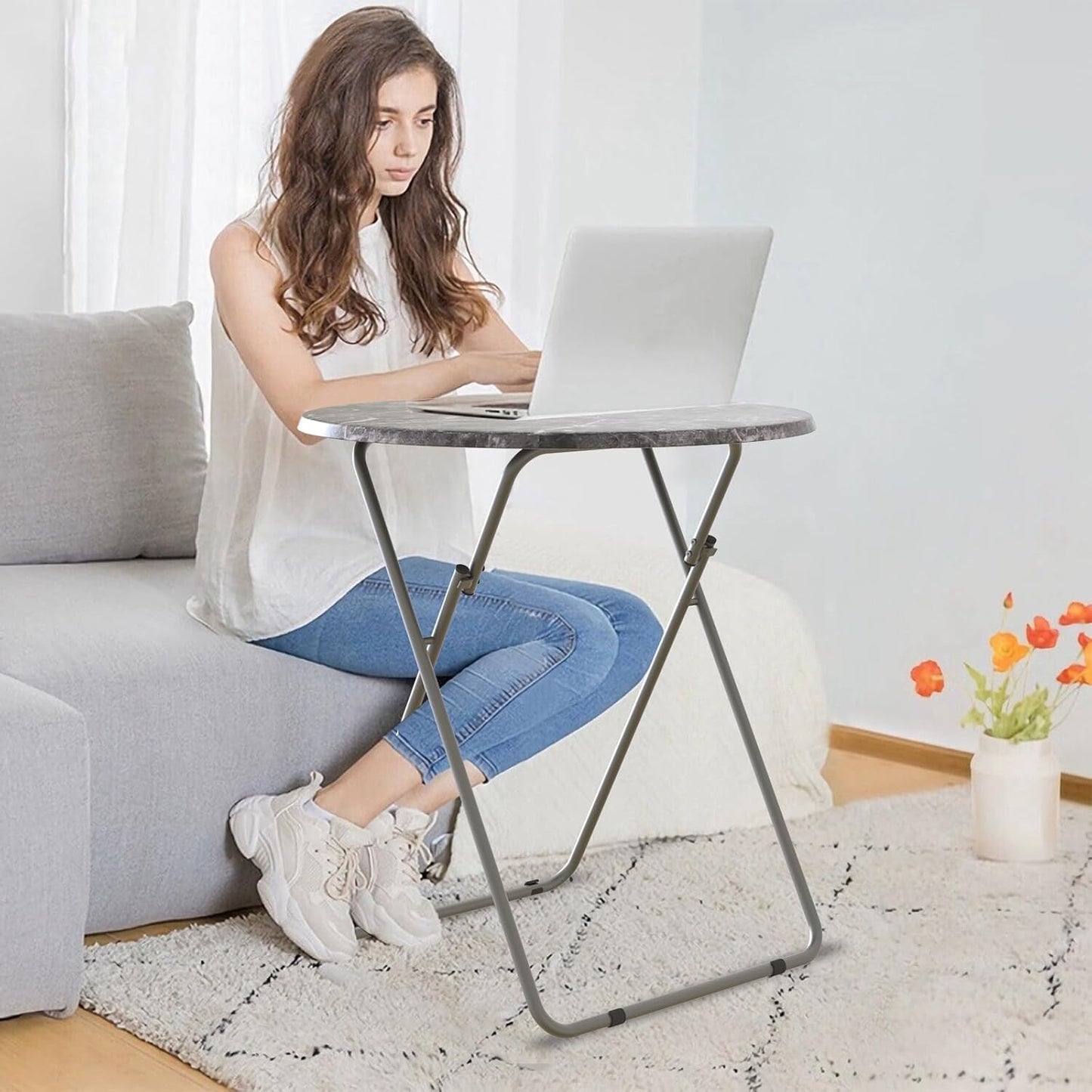 Folding Round TV Tray Table Set of 4, TV Dinner Table with Sturdy MDF Top, Eating Trays for Living Room with No Assembly Required, 17.5 x 17.5 x 26 in (Black Marble, 4Pcs)