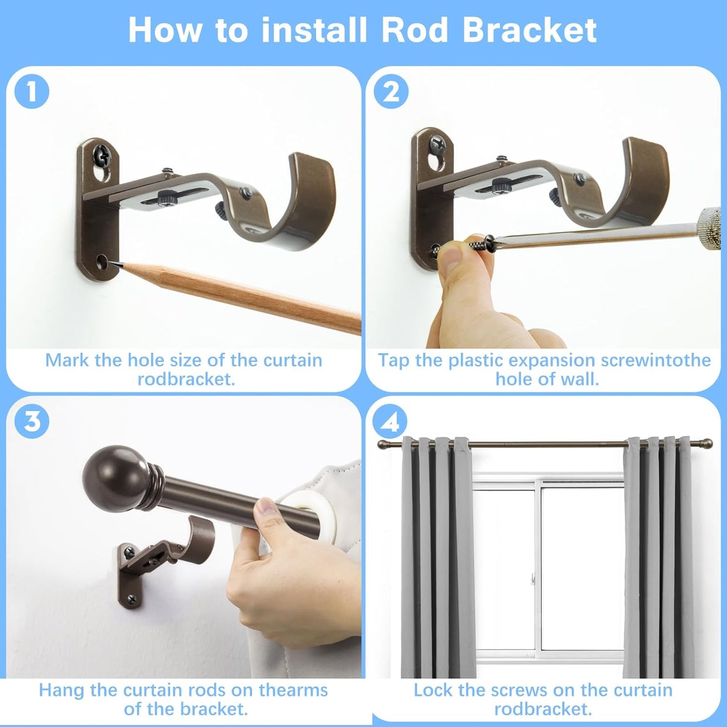 Curtain Rods for Windows 16 to 48 Inches, Curtain Rod Max Adjustable Length of 60 IN, 6/8" Diameter Drapery Rods Round Finials, Brown, Pack of 1