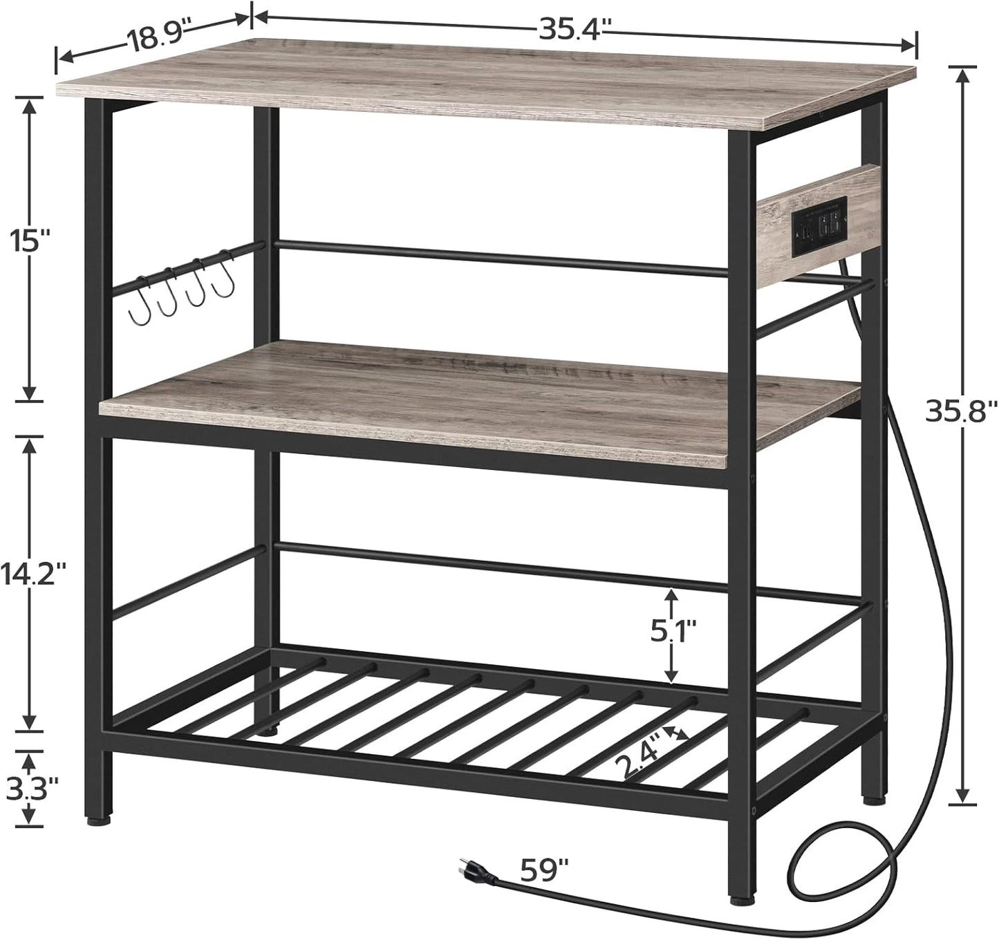 HOOBRO Kitchen Island with Storage, Kitchen Island Table with Power Outlet, 3 Tier Coffee Station and Microwave Stand, for Home, Dining Room, Greige and Black BG021ZD01