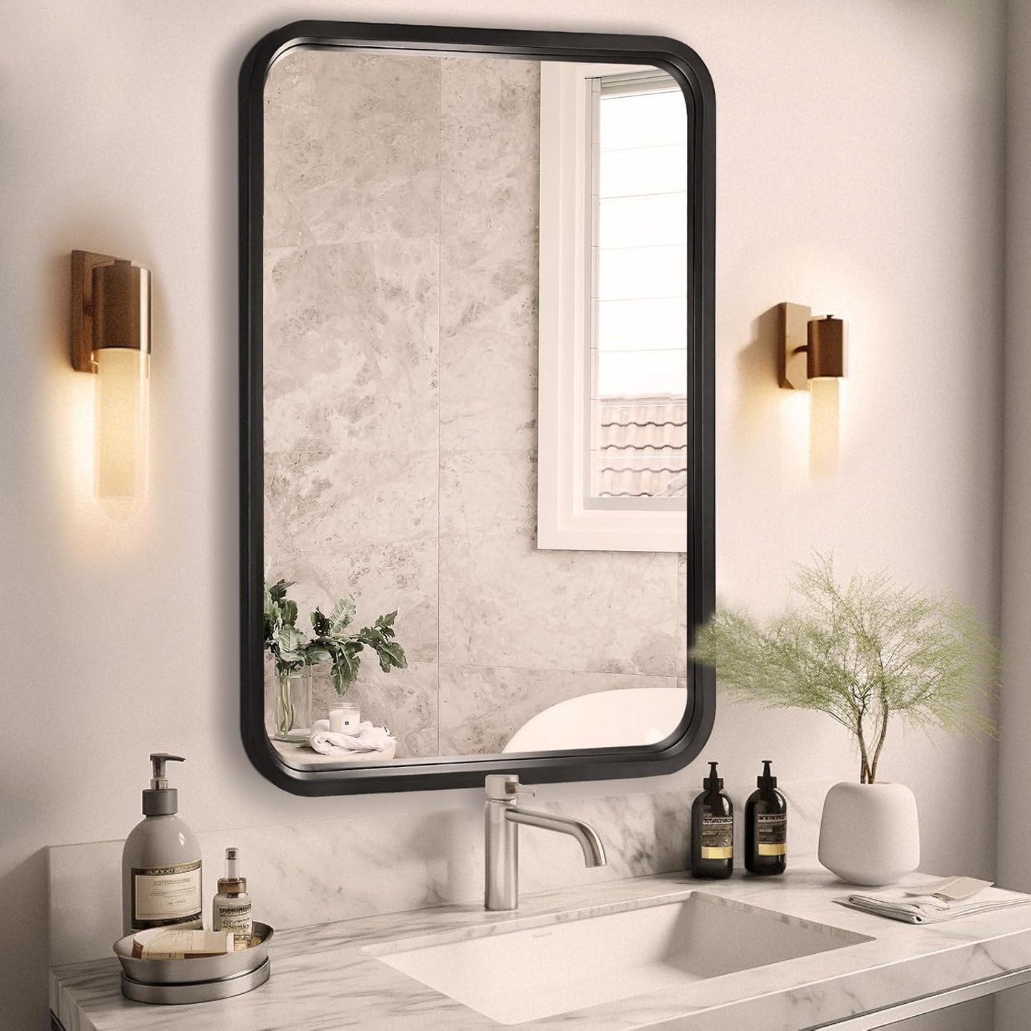 WallBeyond 20x30 Inch Wood Mirror for Bathroom, Wooden Frame Wall Mirror Farmhouse Wall Mounted Rectangle Mirror for Vanity (Horizontal/Vertical Black Color)