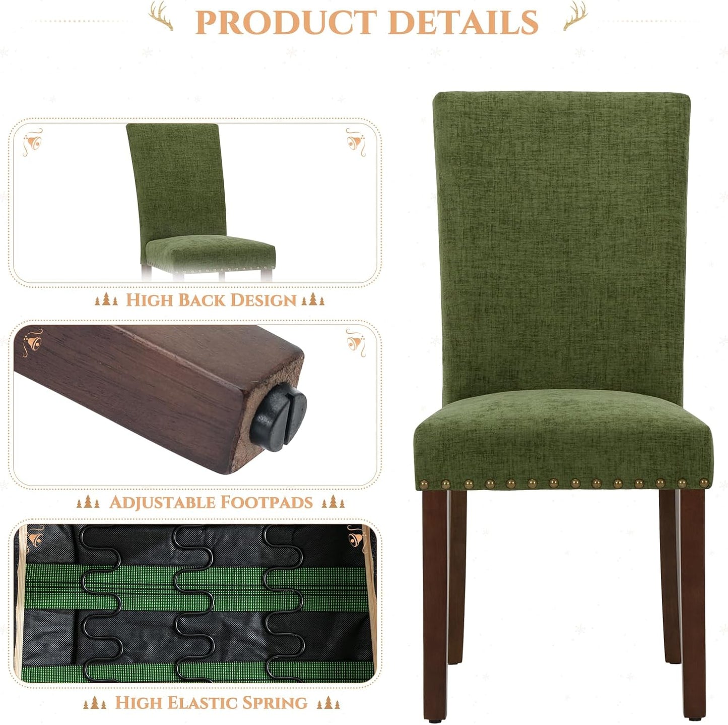 Parsons Dining Chairs Set of 6, Upholstered Nailhead Dining Room Kitchen Side Chair with Thick Cushions and Wood Legs, Green