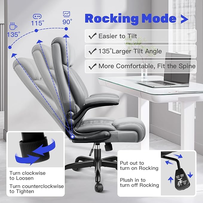 High Back Executive Office Chair - Ergonomic Computer Desk with Rocking Function, Leather Managerial with Adjustable Flip-Up Armrests and Lumbar Support