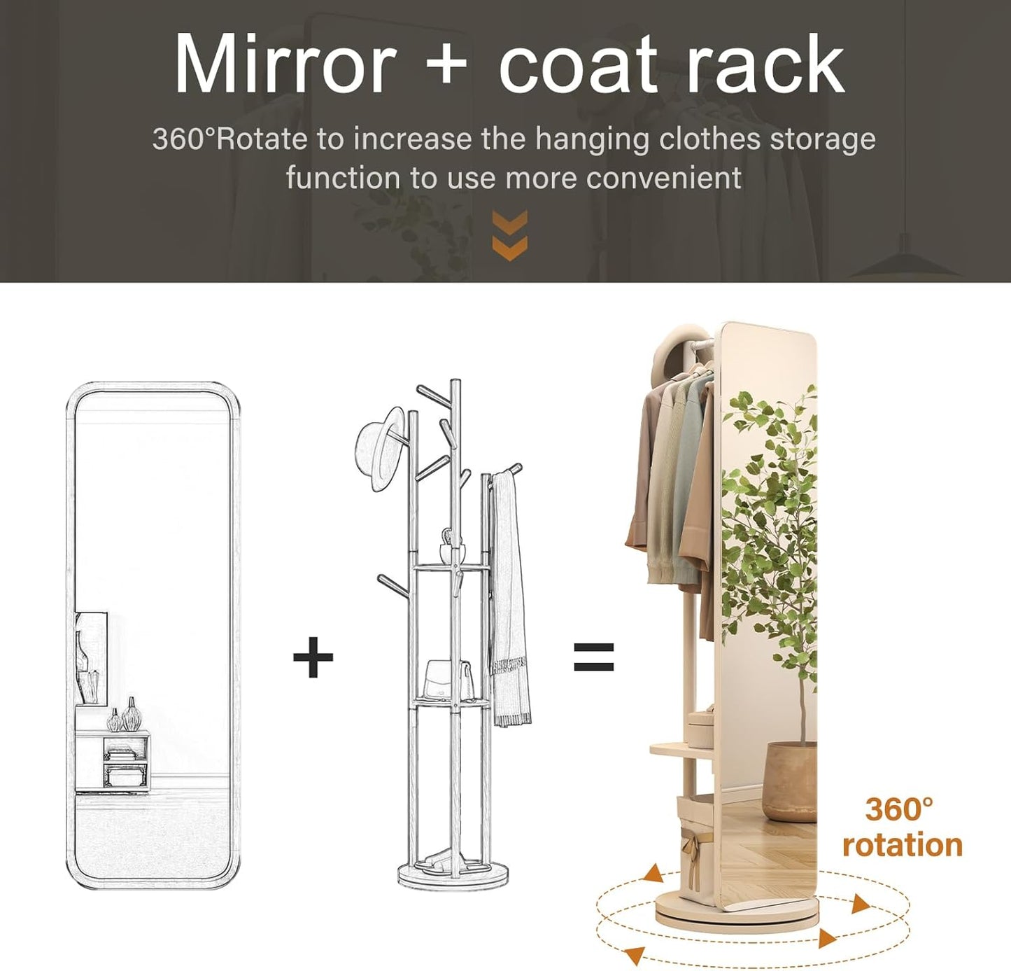 70"x16"Full Length Mirror with Stand,Coat Rack with Mirror,Solid Wood Floor Mirror,Swivel Mirrorfor Bedroom, Living Room, Cloakroom