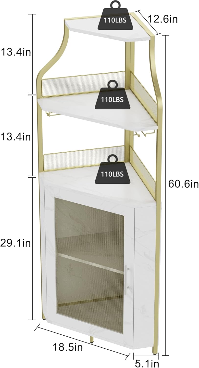 GAOMON Corner Bar Cabinet with Glass Holder, Industrial Wine Cabinet with Adjustble Shelf, 5-Tiers Liquor Cabinet Bar Cabinet for Home, Corner Display Cabinet for Small Space, Faux Marble