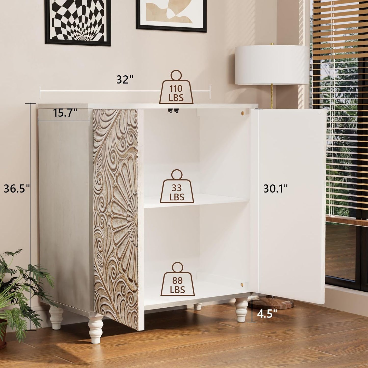 COSIEST Set of 2 32" Buffet Sideboard Cabinets with Storage, Accent Cabinet with Push-to-Open Doors, Vintage Flower Carved Pinewood Doors, Entryway Console for Living Room, Kitchen, Hallway, Gray