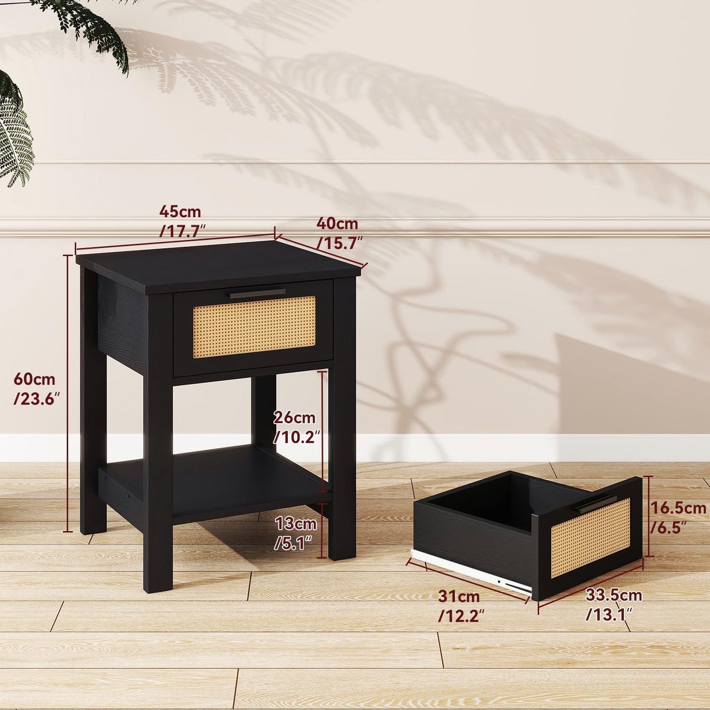 IBUYKE Rattan Nightstand Set of 2, Boho Night Stand with Drawer, Wood Bedside Tables with Storage Shelf, End Table with Legs for Bedroom, Black UWNS011B-2