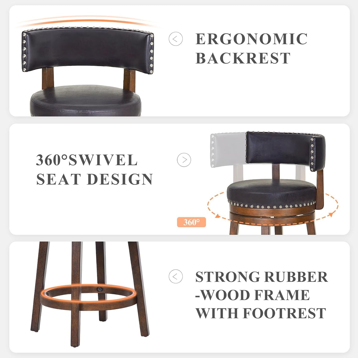 COLAMY Swivel Bar Stools Set of 3, Swivel Counter Height Barstools with Back, 25 Inch Modern Upholstered Bar Stools for Kitchen Island Dining Room Bar, Dark Brown