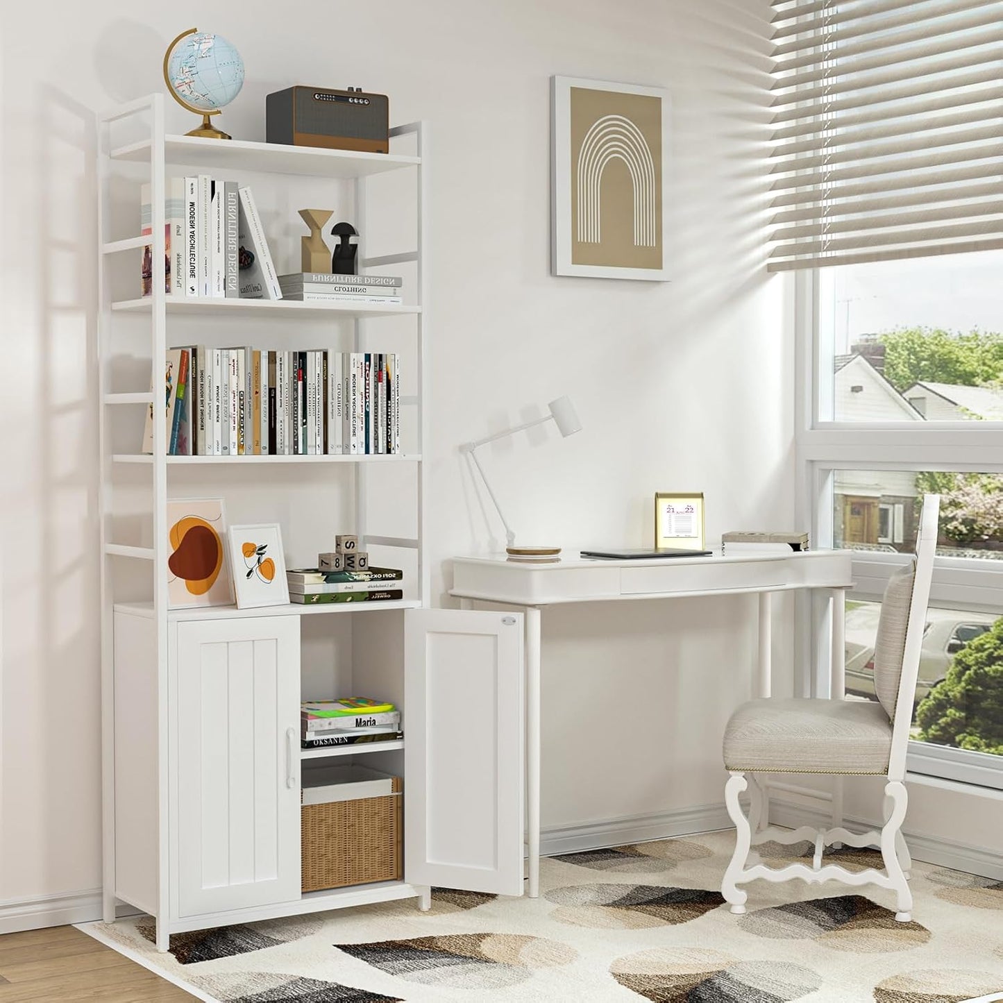 White Bookshelf with Doors,70" Tall Bookcase with Storage Cabinet,6 Tier Book Shelf for Living Room/Bedroom/Home Office/Kitchen,70"(H)*26"(L)*11.8"(W)
