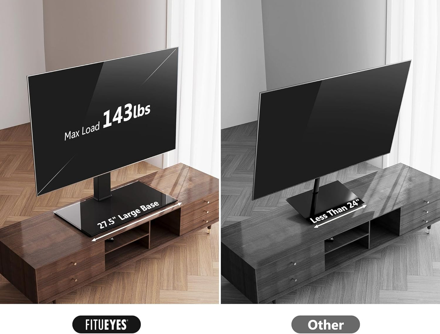 FITUEYES Universal TV Stand with Swivel Mount for 50-85 inch Flat Screens - Height Adjustable Tempered Glass Base Holds up to 143 lbs