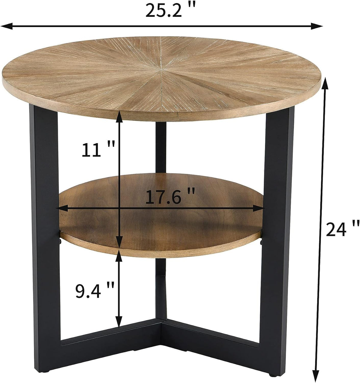 LEEMTORIG Round Side Table, Large 2-Tier End Table Nightstand with Metal Legs, Modern Bedside Couch Table for Living Room, Bedroom, Office, Rustic Natural/Black, 25.2 x 25.2 x 24 inches CJZ-1338