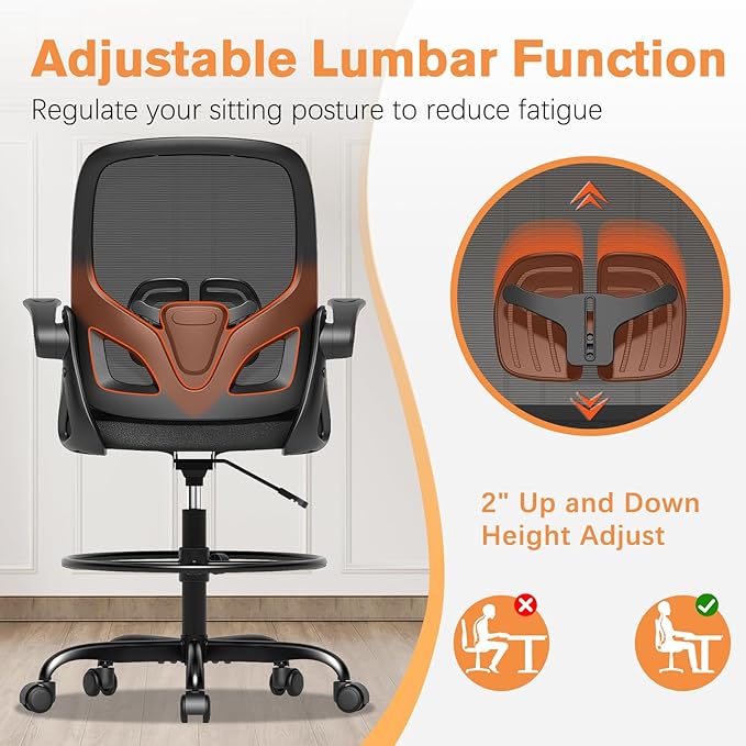 Tall Drafting Chair with Lumbar Support and Footrest Ring, Supportive Tall Extended Height Ergonomic Desk Chair for Home Work, Breathable Mesh Office Chair with Flip up Arms(Black)