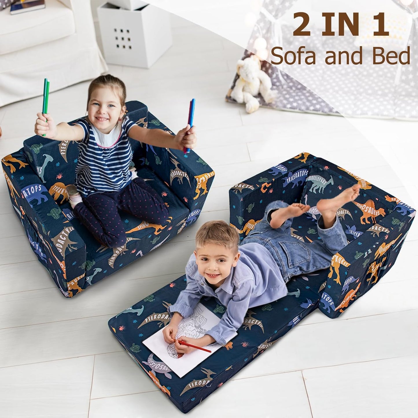 Kids Couch, 2-in-1 Kids Fold Out Couch, Convertible Kid Sofa to Lounger for Girls and Boys, Soft Toddler Chairs Comfy 1-3 Years Old (Dinosaur)