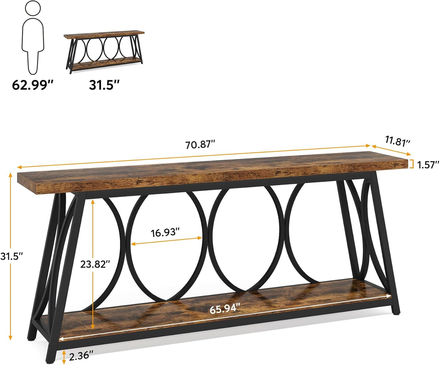 Tribesigns 70.9 inch Extra Long Console Table, Industrial Sofa Table Behind Couch with 2 Tier Storage Shelf, Narrow Entryway Hallway Accent Table for Living Room, Rustic Brown