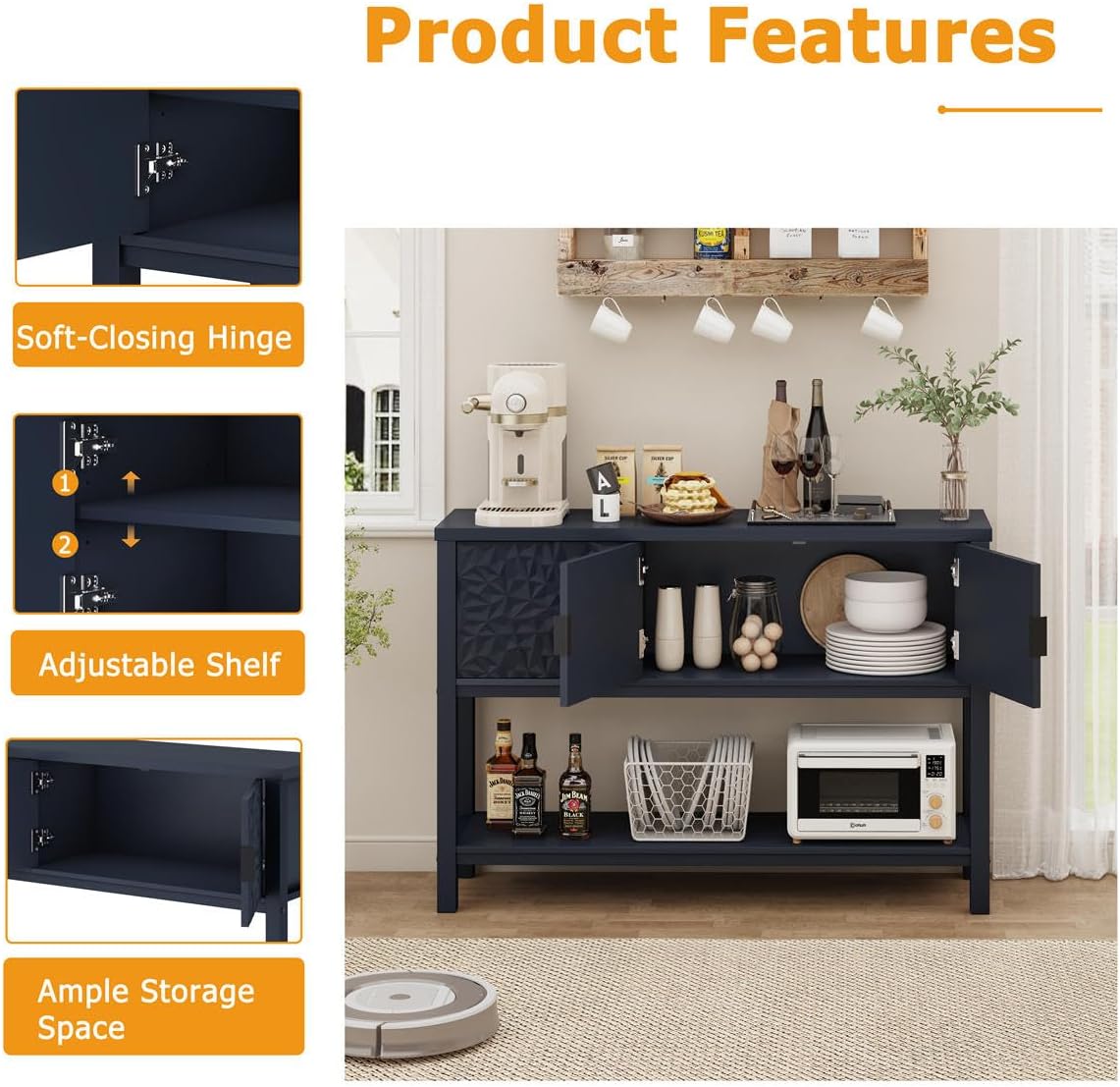 FATORRI Console Table for Entryway, Modern Sofa Table with Storage, Entry Tables with Shelf for Living Room Hallway (47.24 Inch Wide, Navy Blue)