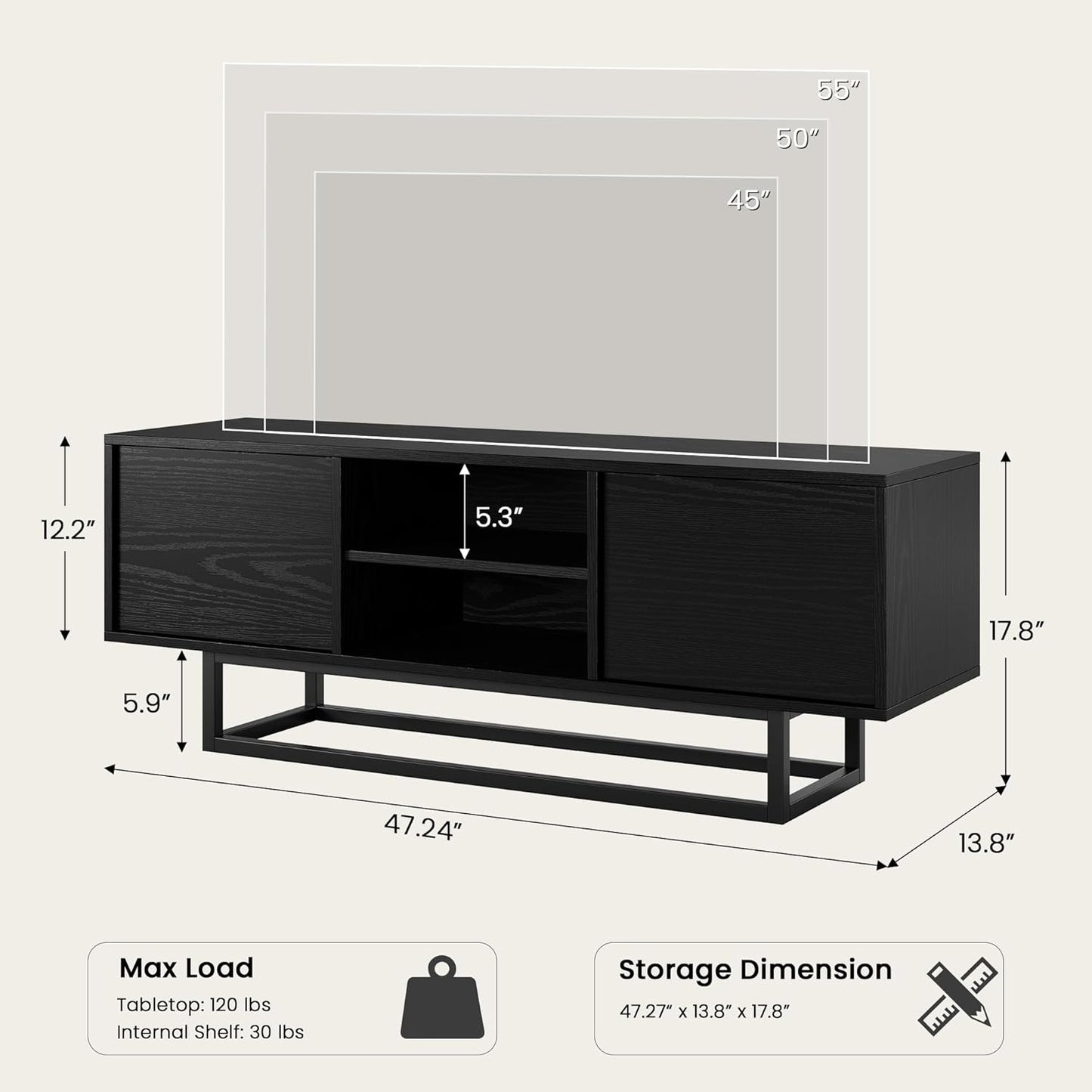 HAIOOU TV Stand for 50 55 Inch TV, Modern TV Console Small Entertainment Center with Sturdy Metal Base, Push-to-Open Doors and Soft-Close Hinges for Living Room, Bedroom - Wood Grain Black