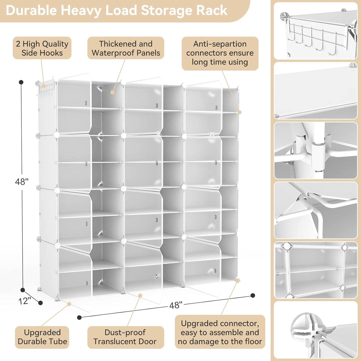 Portable Shoe Rack Organizer with Door, 48 Pairs Storage Cabinet Easy Assembly, Plastic Adjustable Stackable Detachable Free Standing DIY Expandable 8 Tier White, (NNF-XJ-012)