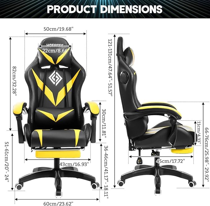 HOFFREE RGB Gaming Chair with Speakers and Massage Ergonomic Computer Chair with Lights and Footrest Reclining Video Game Chairs for Adults Yellow and Black