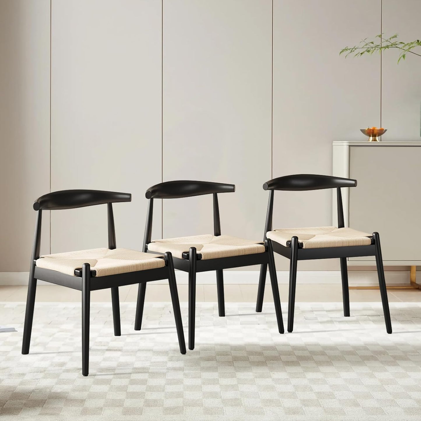 Mid Century Modern Dining Chairs Set of 2, Wooden Frame Kitchen Chairs for Table,Woven Rattan Seat,Perfect for Tea Rooms or Cafés,Backyard Patio Beige