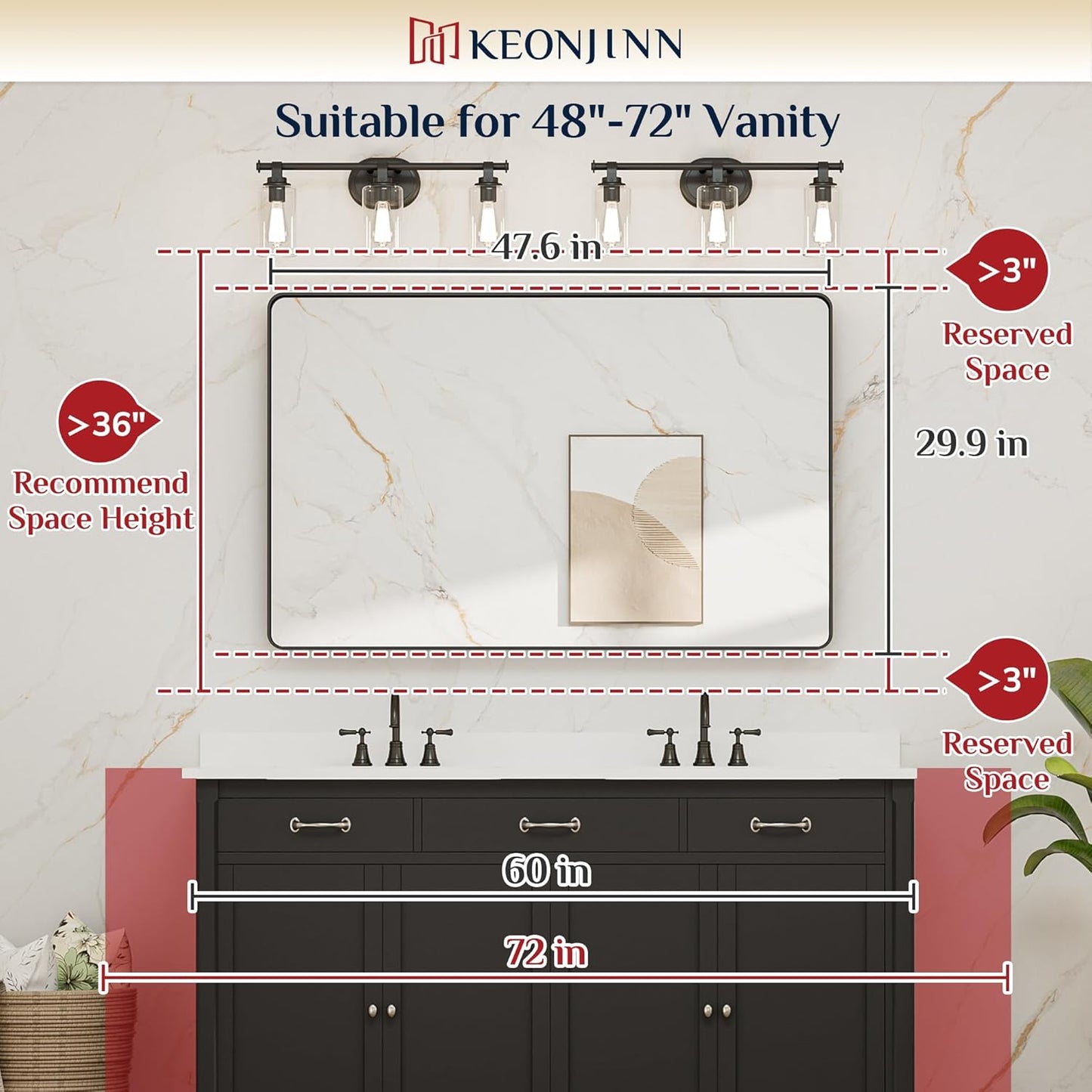 Keonjinn 48 x 30 Brushed Nickel Bathroom Mirrors for Over Sink, Large Rounded Rectangle Bathroom Vanity Mirror, Modern Decorative Silver Mirror, HD Tempered Glass Wall Mirror(Horizontal/Vertical)