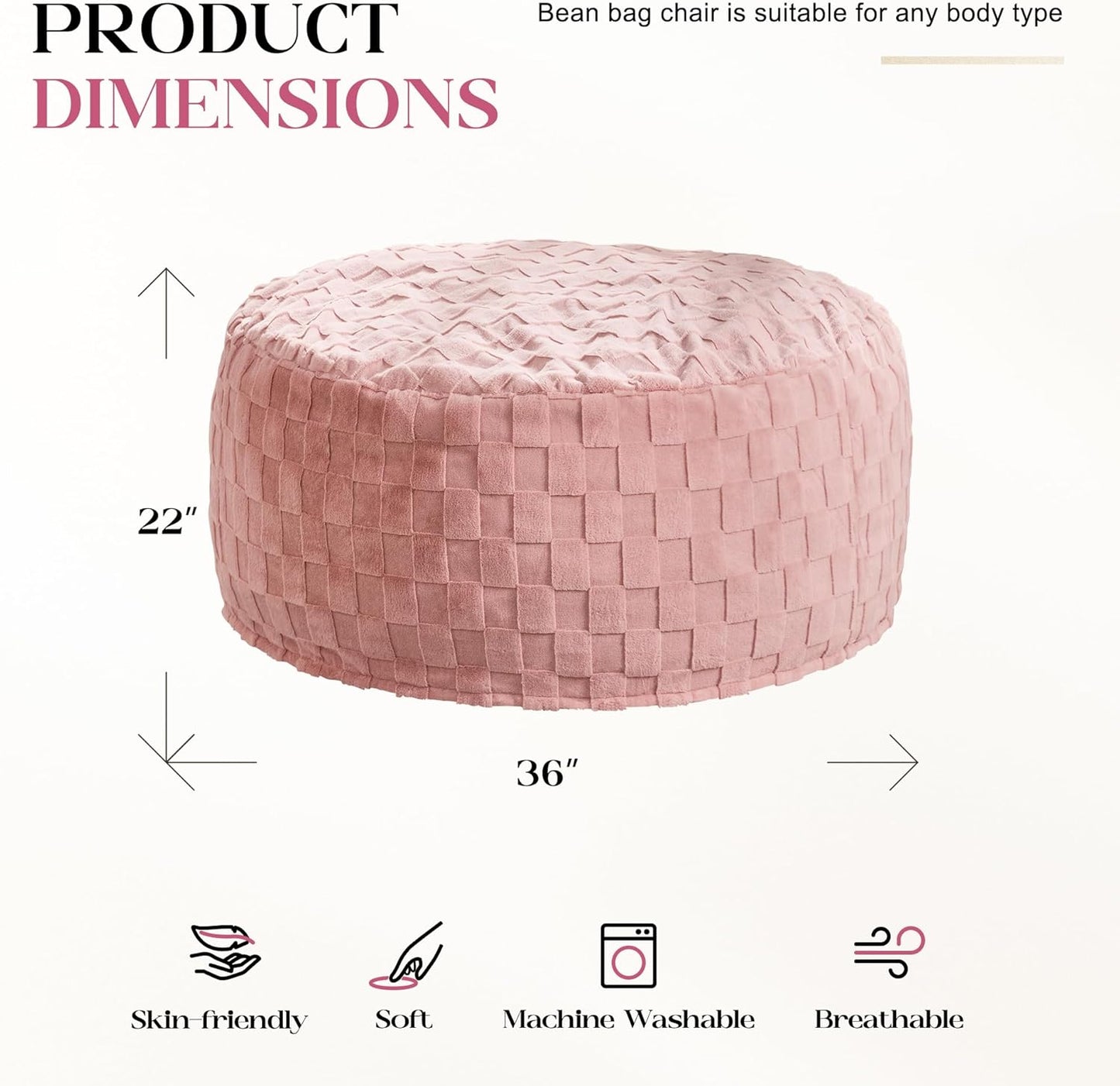 Hobestluk Bean Bag Chairs Beanbag Chair with Filler Adult Bean Bags with Fluffy Plaid Cover, Giant Bean Bag Chairs for Adults for Living Room, Bedroom (Pink, 3FT - 36” x 36” x 22”)