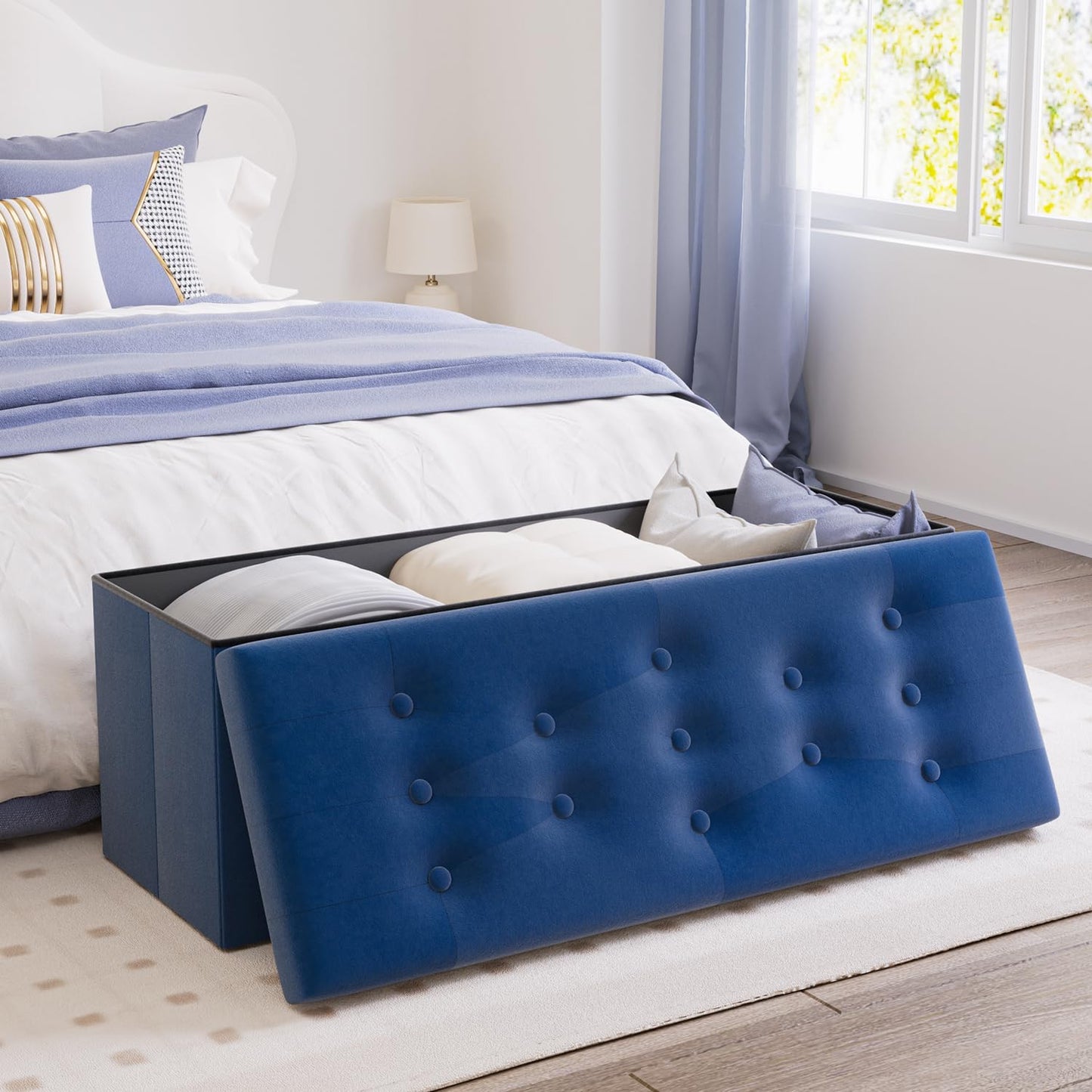 PRANDOM Jumbo Ottoman with Storage [1-Pack] Velvet Folding Small Square Foot Stool with Lid for Living Room Bedroom Coffee Table Dorm Royal Blue 43x15x15 inches