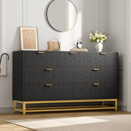 GAOMON Dresser for Bedroom, 53.5" Wide Dresser Organizer, 7 Drawer with Golden Metal Handle and Legs, Modern Chest of Drawers for Closet, Hallway, Living Room, Entryway, Black