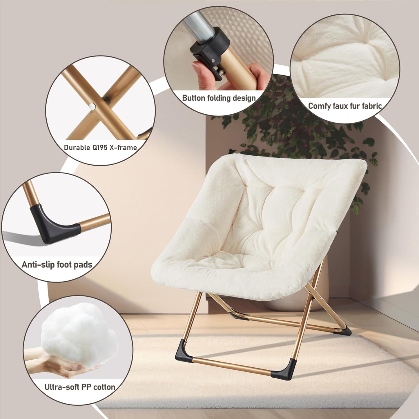 Comfy Oversized Saucer Chair, Soft Faux Fur Reading Lounge Chair for Adults, Stable X-Large Metal Frame and Non-Slip Pad, Foldable Cozy Chairs for Bedroom, Living Room, Dorm, Office, Beige