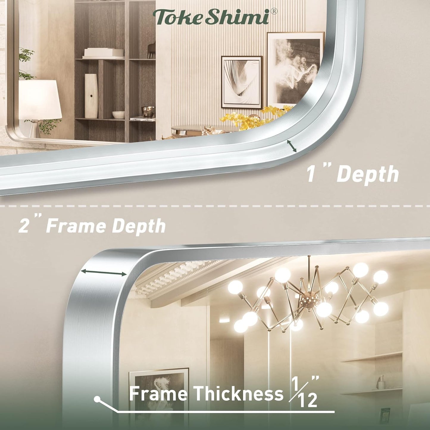 TokeShimi 30 x 36 Inch Brushed Silver Bathroom Mirror for Wall Brushed Brass Metal Rounded Corner Rectangle Mirror Metal Frame Deep Set Design Hangs Horizontal Or Vertical