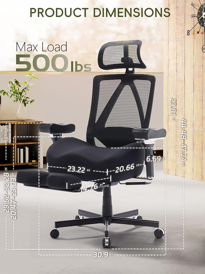 Office Chair 500lbs, Ergonomic Desk Chair with W Thick Cushion & 4D Armrest, Executive Mesh Desk Chair with Adjustable Lumbar, 2D Headrest, Footrest, Swivel Task Chairs for Home Office Gaming, Black