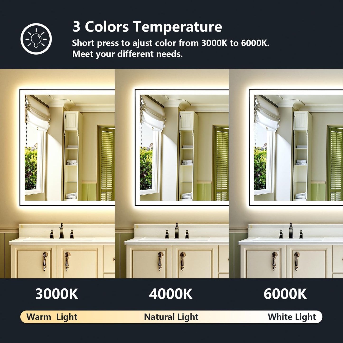 57x36 Inch LED Bathroom Mirror with Lights (Front Lit and Backlit) Black Framed Lighted Vanity Mirror for Bathroom Wall Dimmable Anti-Fog Memory Tempered Glass Horizontal/Vertical