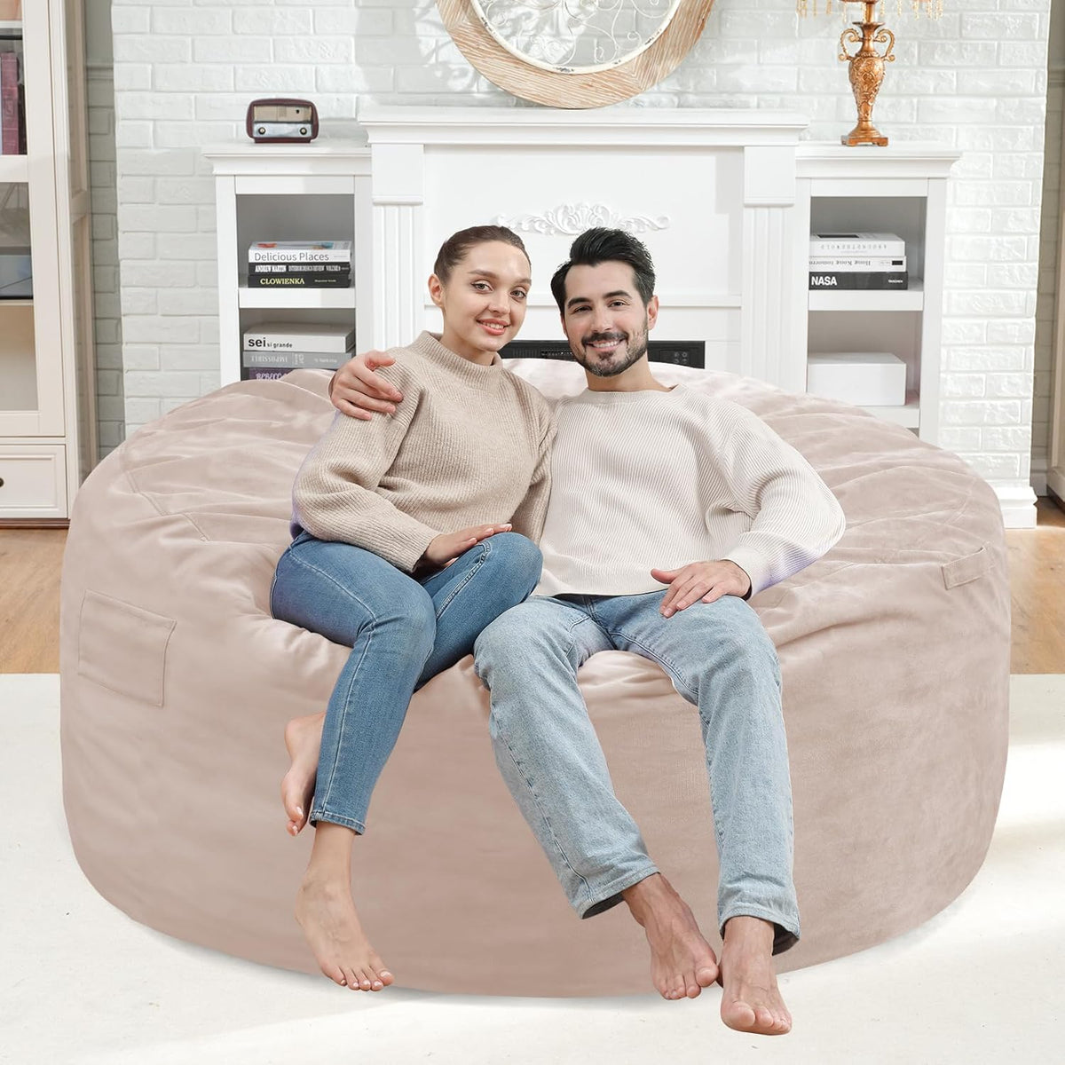 4FT Bean Bag Chair, Large Bean Bag Chairs with Memory Foam Filled, Fluffy Beanbag Sofa with Dutch Velvet Cover, Round BeanBag Chairs for Living Room, Playroom - Beige