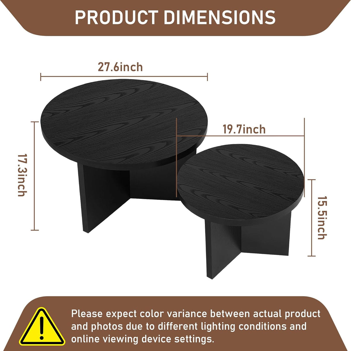 Round Nesting Coffee Tables Set of 2, Modern Stacking Table with Wood Grain Finish, End Table Side Tables for Living Room (Black)