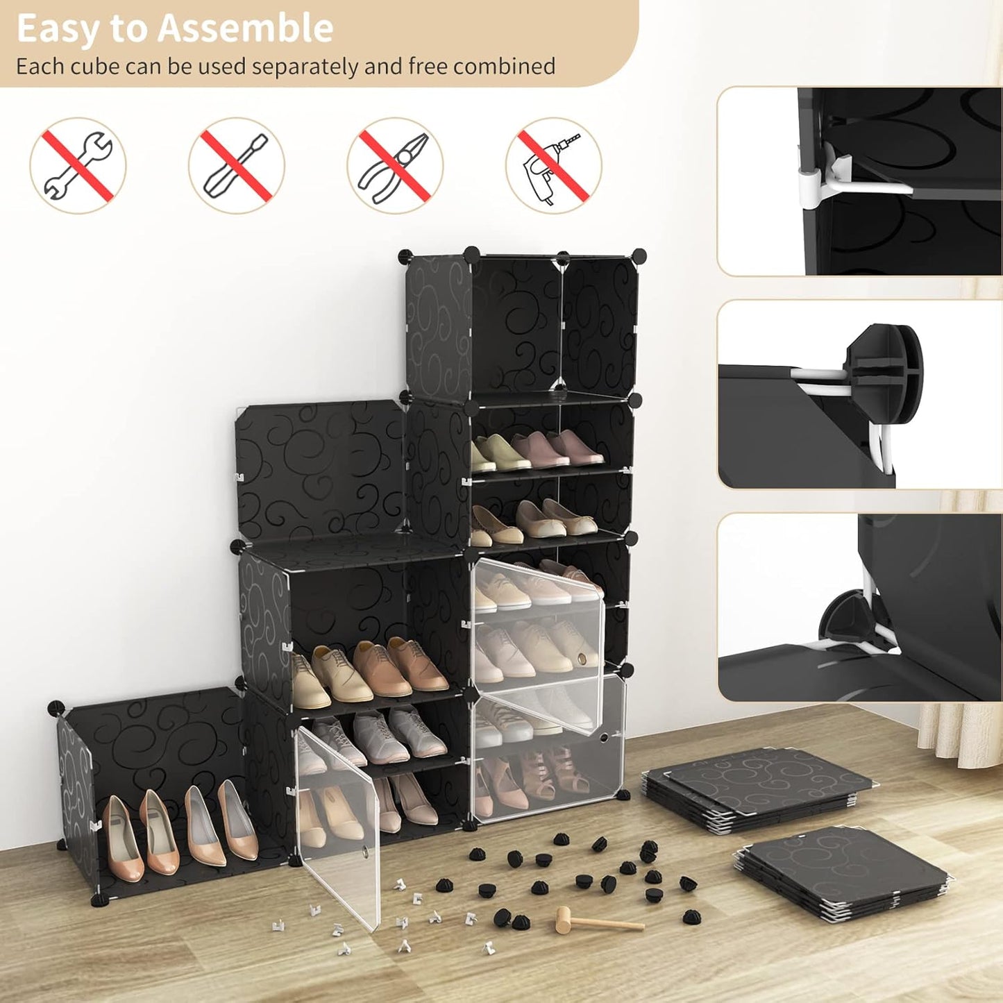 Portable Shoe Rack Organizer with Door, 48 Pairs Shoe Storage Cabinet Easy Assembly, Plastic Adjustable Shoe Organizer Stackable Detachable Free Standing Shoe Rack DIY Expandable 8 Tier Black