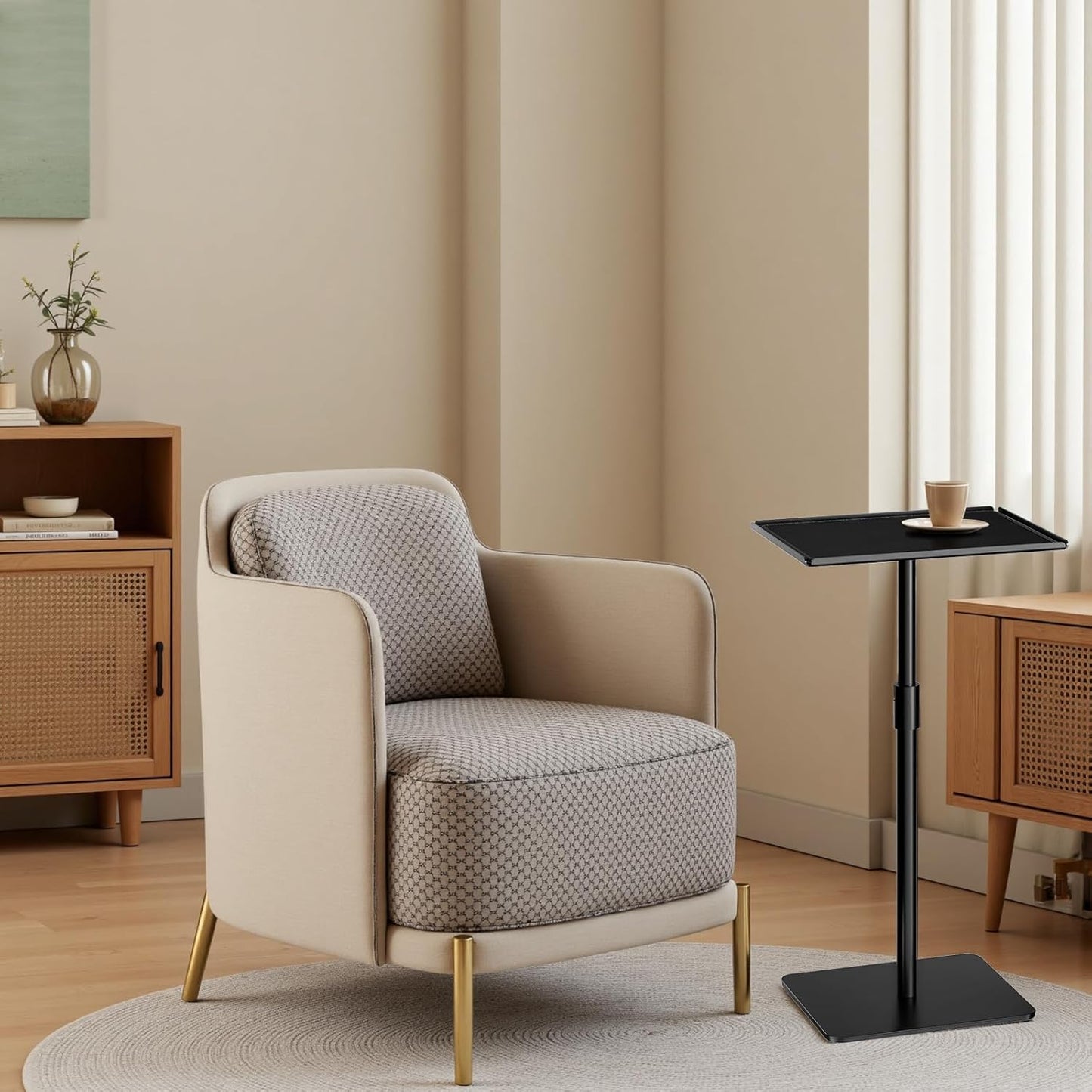 Metal Sofa Side Table,Height Adjustable Tall Side Couch Tables,Small TV Tray Table for Small Spaces with Matte Black Tray,Square Drink Coffee Tables for Bedroom,Black
