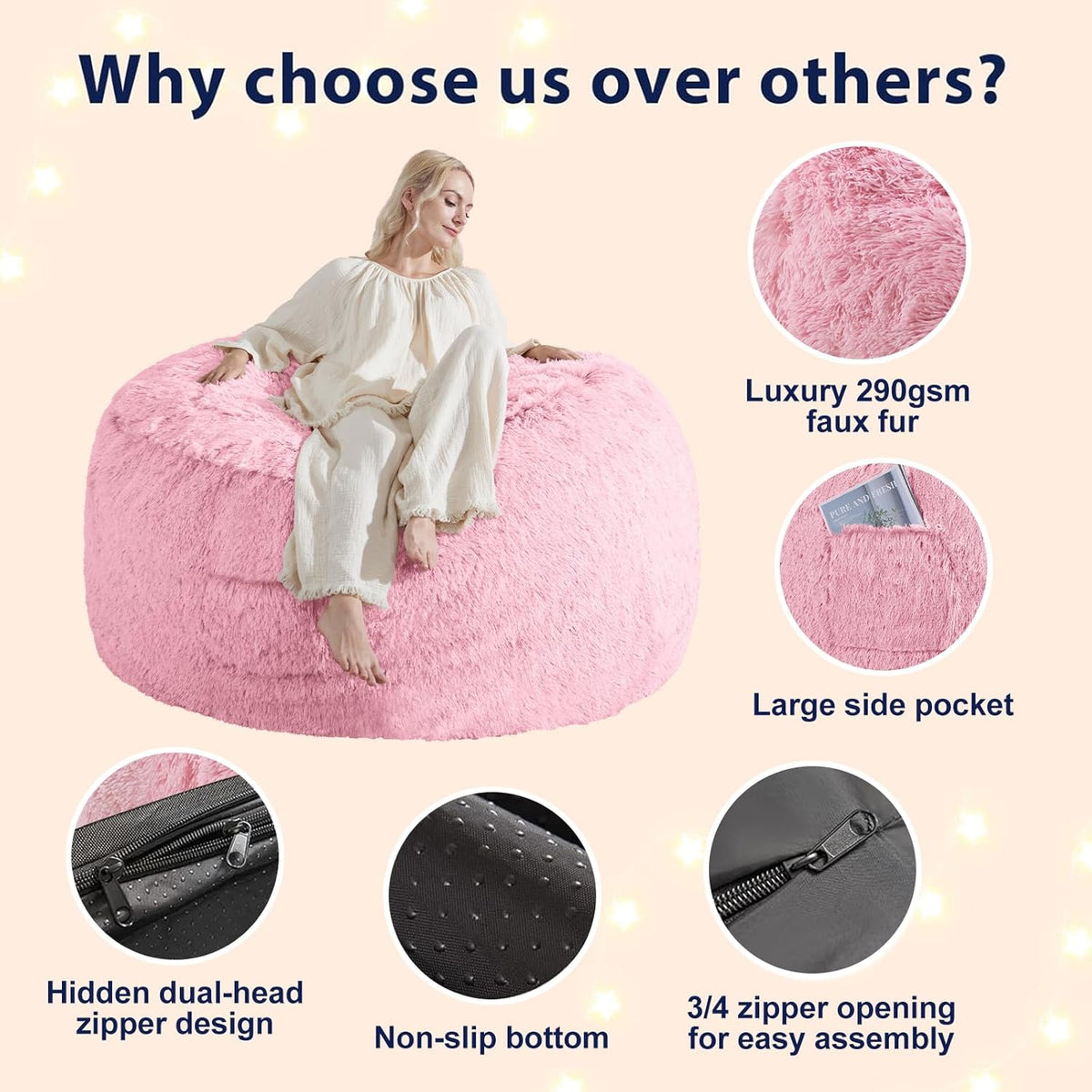 Fluffy Bean Bag for Stuffed Animals Storage, Faux Fur Washable Bean Bag Chair Cover(No Filler) for Textile Plush Toys, Beanbag Chair Cover for Adults Kids Teens, 5FT, Pink