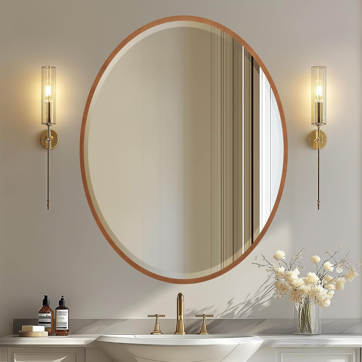 OVALCREST - Oval Wooden Beveled Wall Mirror for Home Decor, Bathroom, Vanity, Bedroom, Living Room, Hallway - London Style (Gold Spray) 25.1 x 31.1