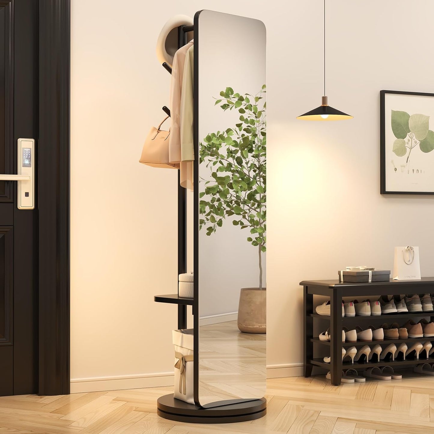 70"x16"Full Length Mirror with Stand,Coat Rack with Mirror,Solid Wood Floor Mirror,Swivel Mirrorfor Bedroom, Living Room, Cloakroom