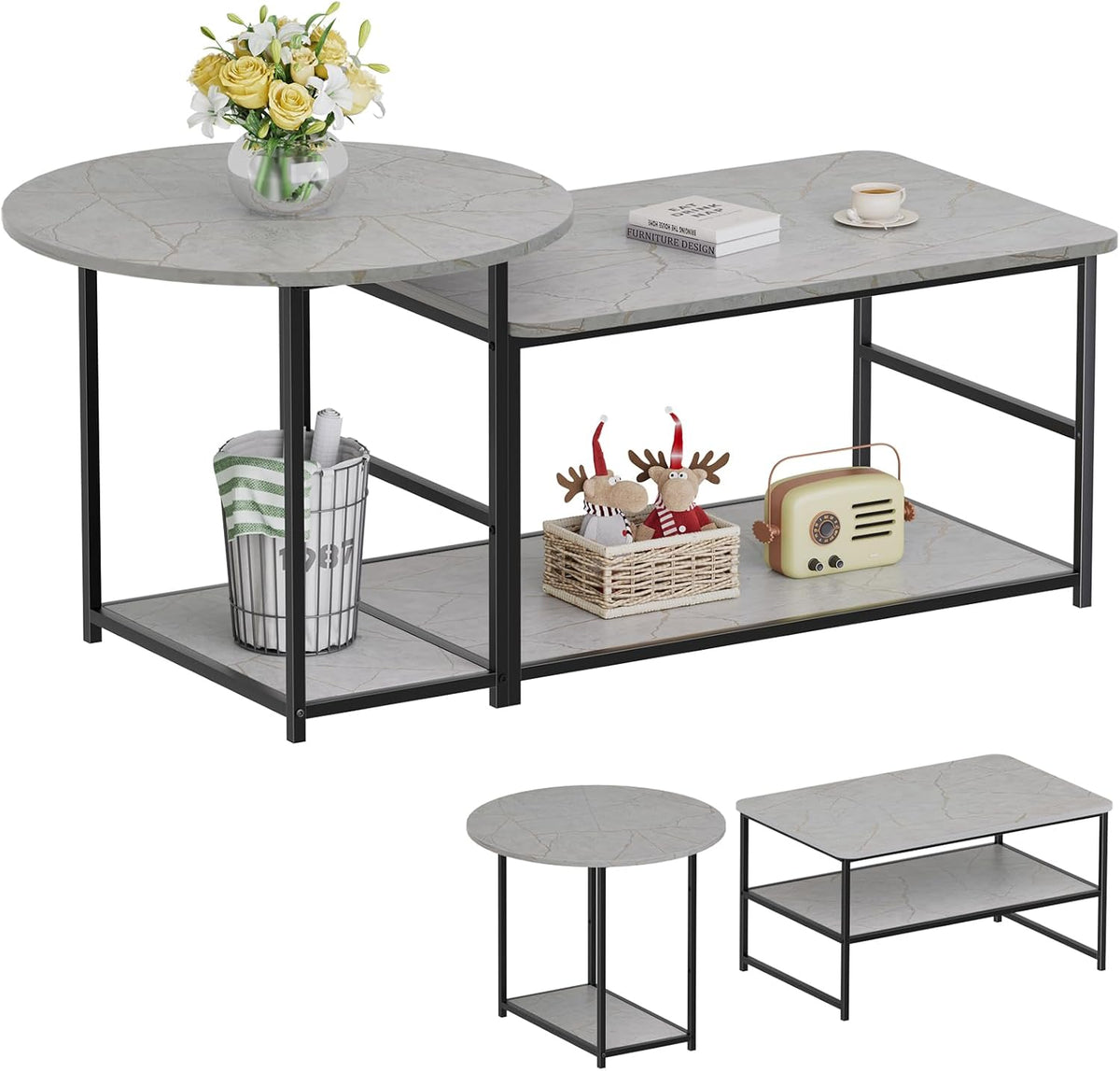 WOHOMO Coffee Table, Modern Style Coffee Tables for Living Room Marble Center Table with Storage 2 in 1Detachable Table Set,Grey Marble
